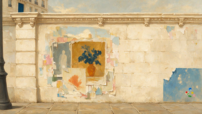Un mur parisien couvert d'affiches déchirées et superposées, avec quelques petits autocollants colorés dans un angle.