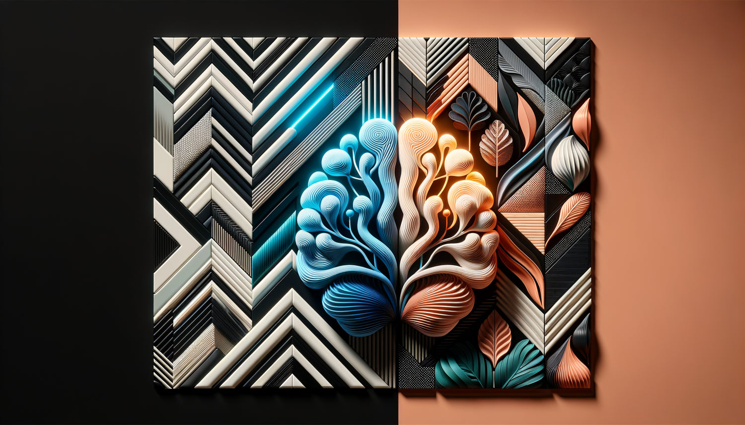 Visualisation scientifique comparant traitement neuronal rapide motifs géométriques noir-blanc versus formes organiques colorées lentes