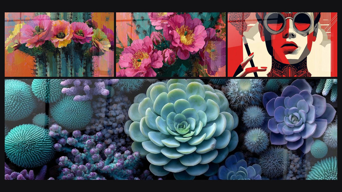 Mosaïque de quatre tableaux, dont Cactus en Fleurs aux Couleurs Vibrantes et Portrait Femme Lunettes