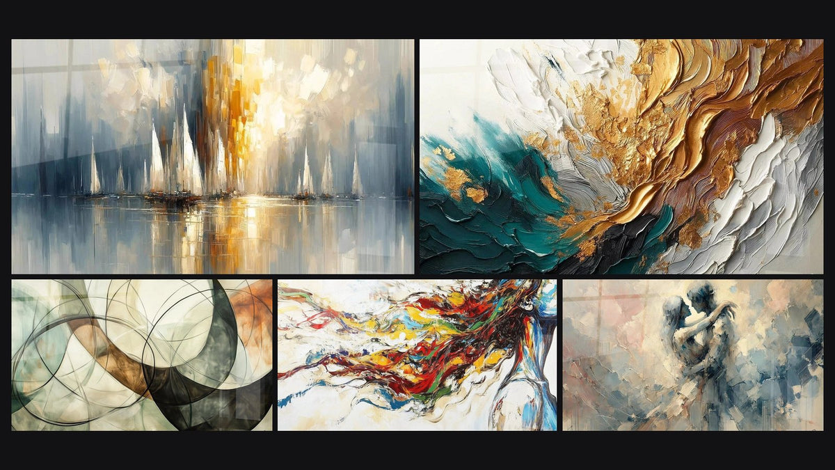 Mosaïque de cinq tableaux, dont Aurore sur la Baie, Les Liens Invisibles et Muse Moderne