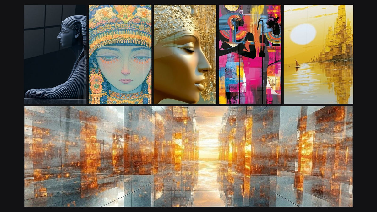 Mosaïque de six tableaux, dont Pharaon anthracite et bleu nuit sculpté et Pharaons roses et bleus au style graphique