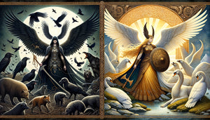 Contraste entre Walkyrie germanique sombre et Walkyrie scandinave lumineuse, art médiéval nordique traditionnel