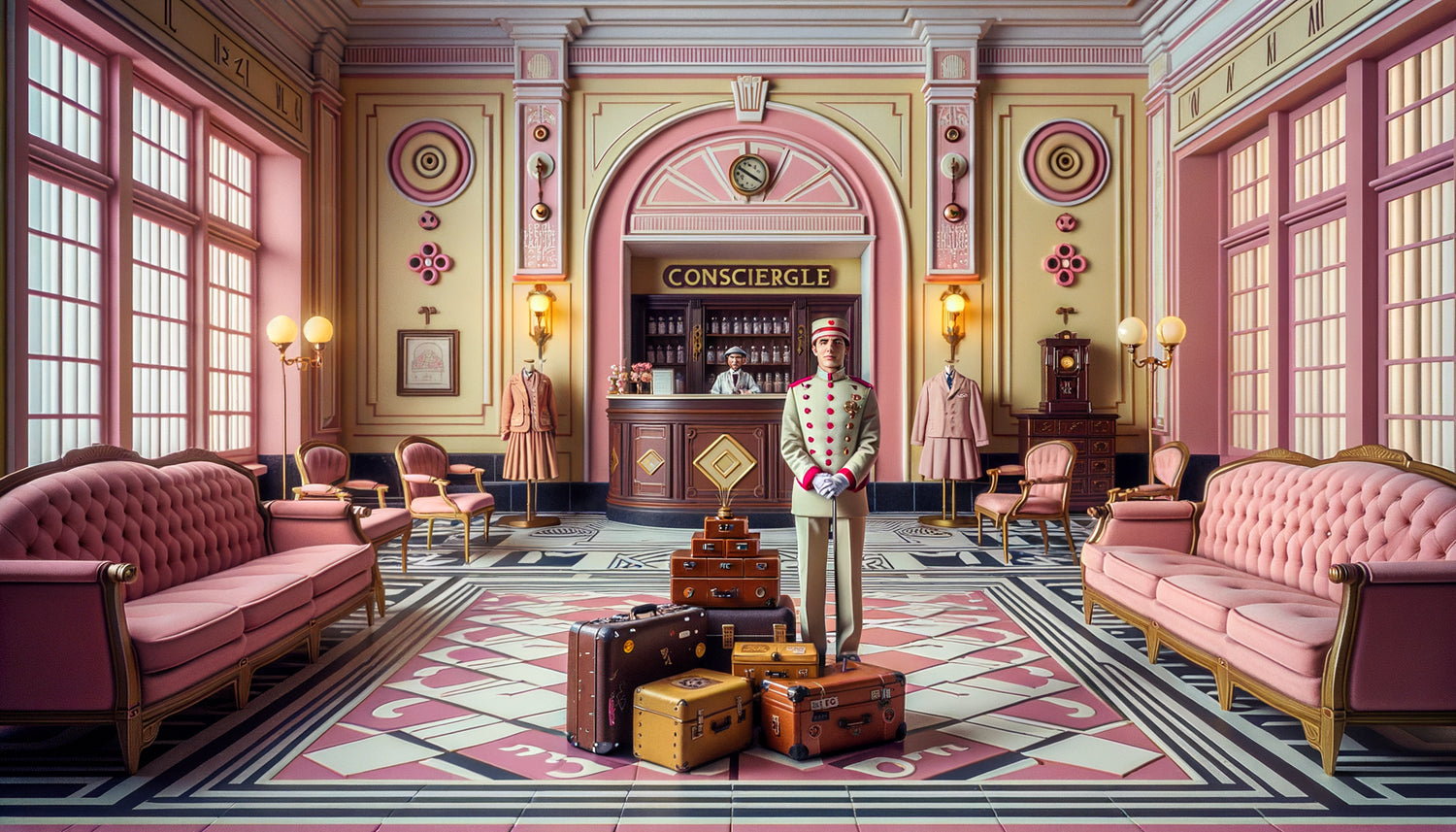 Composition intérieure symétrique style Wes Anderson, palette rose pastel, objets vintage méticuleusement arrangés, esthétique Grand Budapest Hotel