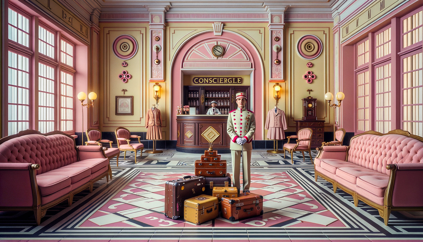 Composition intérieure symétrique style Wes Anderson, palette rose pastel, objets vintage méticuleusement arrangés, esthétique Grand Budapest Hotel