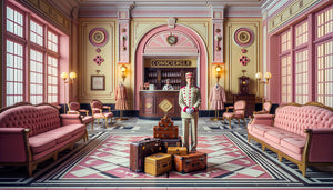 Composition intérieure symétrique style Wes Anderson, palette rose pastel, objets vintage méticuleusement arrangés, esthétique Grand Budapest Hotel
