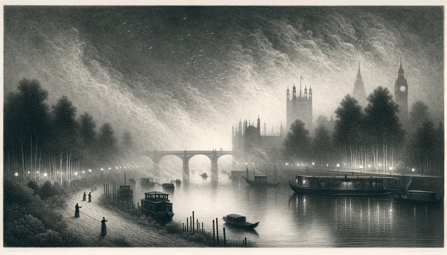 Eau-forte nocturne de Whistler représentant la Tamise londonienne disparaissant dans le brouillard atmosphérique monochrome des années 1870