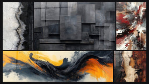 Mozaïek van vijf schilderijen, waaronder Gecontrasteerde Symfonie Zwart en Abstract geometrisch grijs kolen zwart