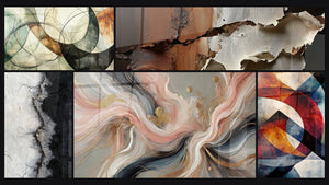 Mosaic of five paintings, including The Invisible Bonds, Silk Flows and Circular geometric shapes