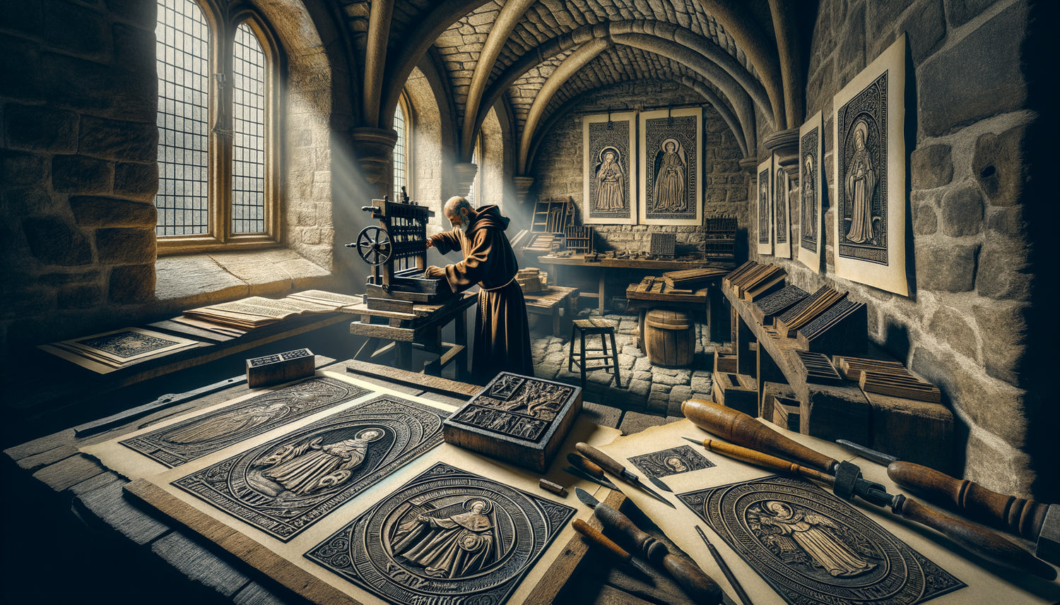 Atelier de xylographie médiévale du XVe siècle, moine gravant une planche de bois pour impression monochrome