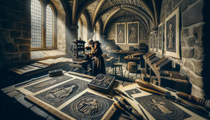 Atelier de xylographie médiévale du XVe siècle, moine gravant une planche de bois pour impression monochrome