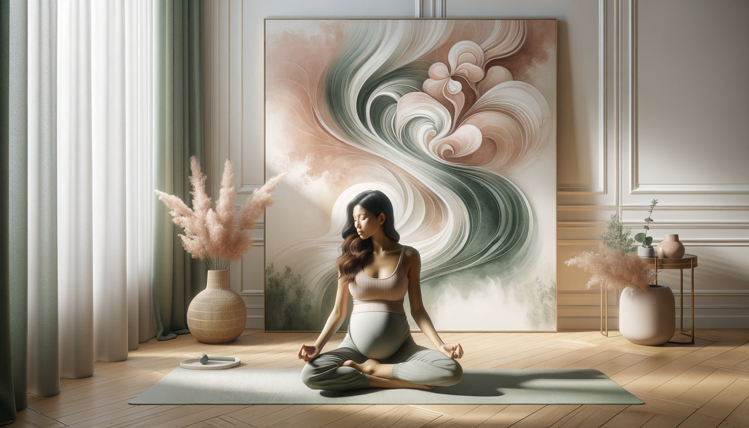 Femme enceinte pratiquant le yoga prénatal devant tableau aux courbes douces et couleurs apaisantes créant sanctuaire visuel méditatif