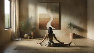 Pratique de yoga Yin dans espace épuré avec tableau abstrait aux tons terreux ocre et argile