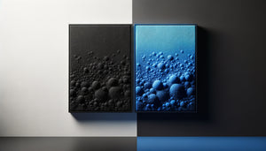 Diptyque de monochromes d'Yves Klein : noir profond et bleu IKB côte à côte, texture caractéristique au rouleau éponge