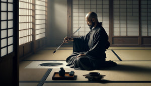 Moine zen en posture de méditation zazen peignant un ensō à l'encre dans un temple japonais traditionnel minimaliste
