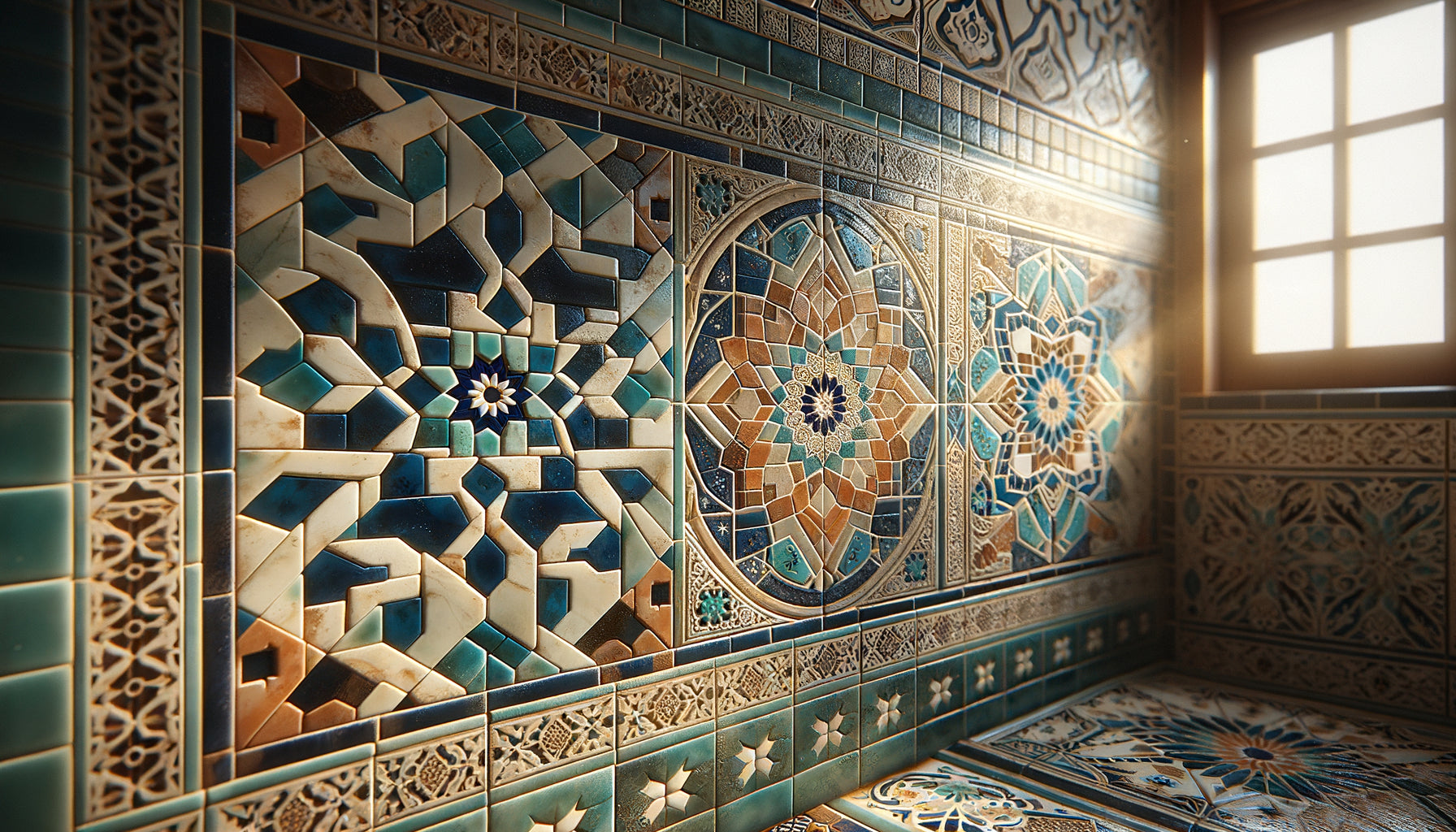 Panneau de zellige marocain aux motifs géométriques bleus et turquoise dans une salle de bain lumineuse de style riad