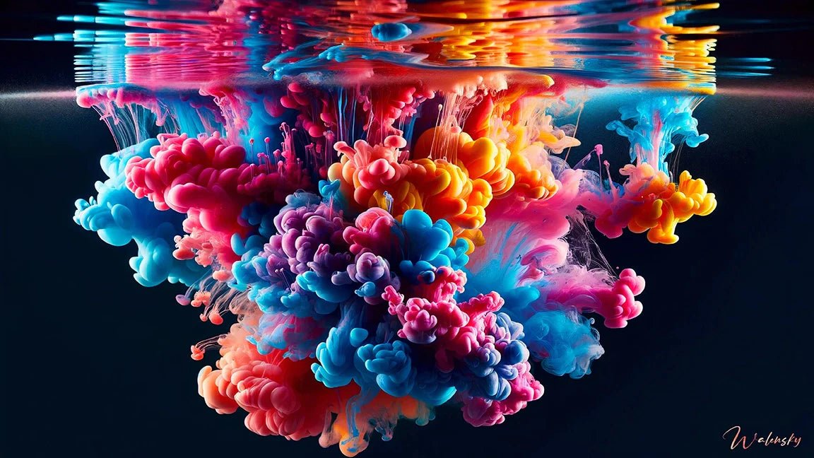 Tableau abstrait pour espace de co working avec motifs dynamiques et couleurs énergisantes, favorisant un environnement de travail créatif et collaboratif.
