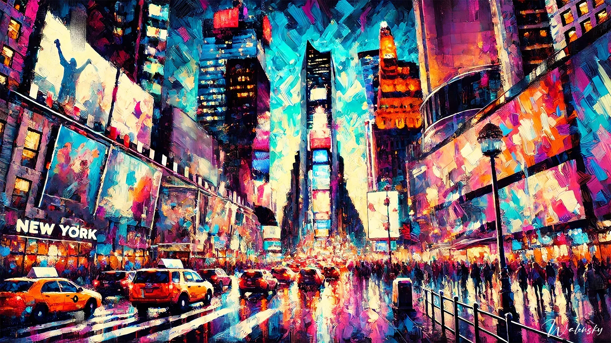 Tableau urbain artistique pour chambre d'adolescent illustrant un paysage de ville moderne avec gratte-ciels, rues animées et éléments de culture urbaine contemporaine.