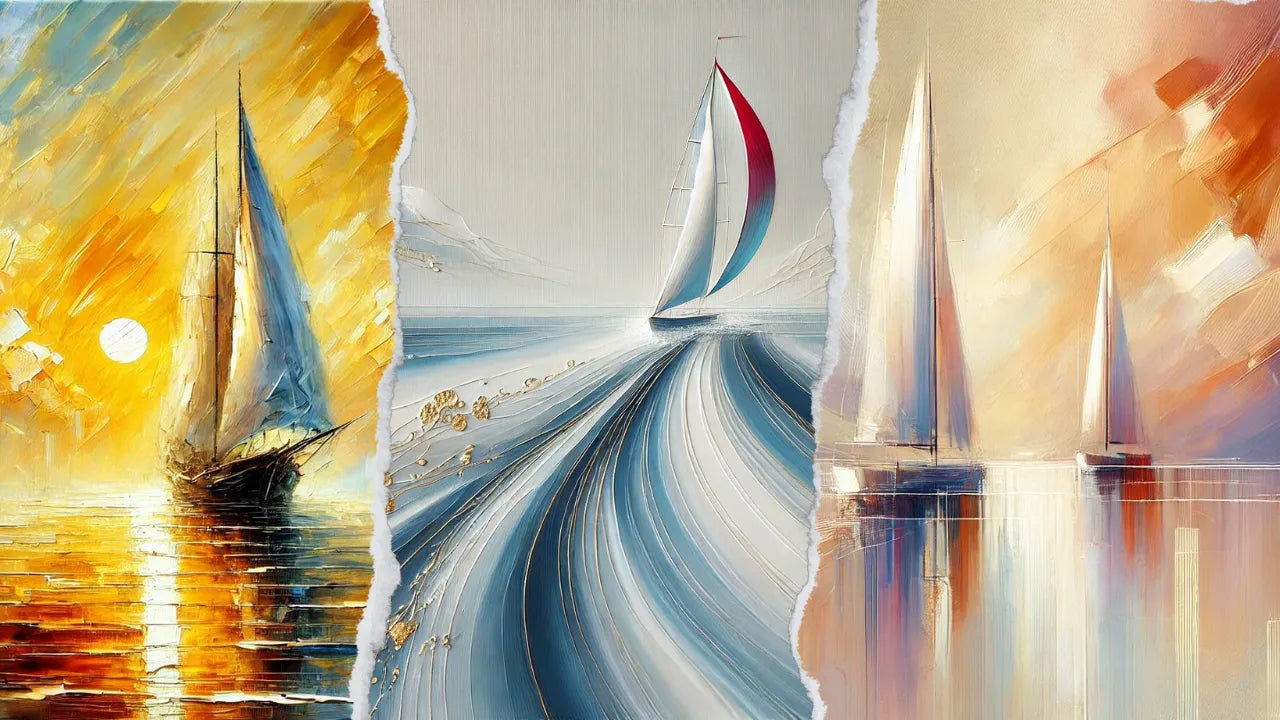 Tableau bateau abstrait moderne aux couleurs vibrantes. Inspiré par l'océan et la voile, cette œuvre apporte une touche maritime et élégante à tout intérieur, idéal pour une décoration raffinée.