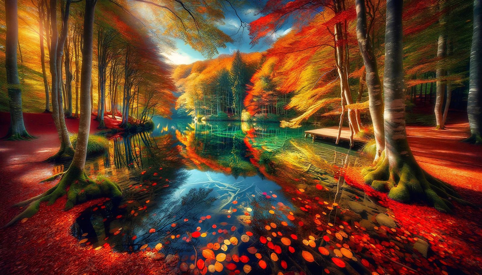 Collection de tableaux de paysages avec une vue automnale en forêt au bord d'un lac paisible