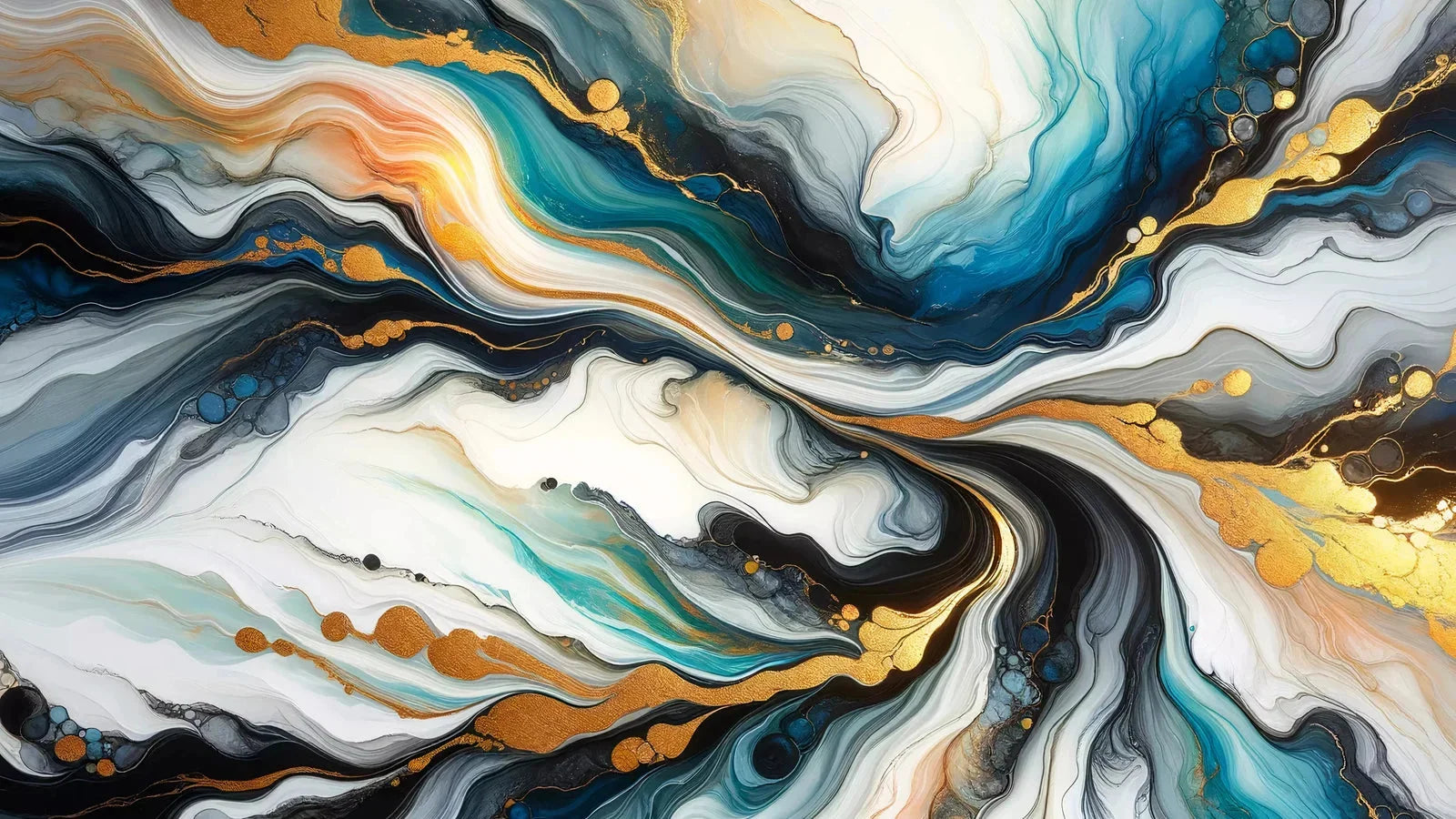 Collection de tableaux abstraits modernes avec des vagues colorées de bleu, or et noir pour embellir votre intérieur