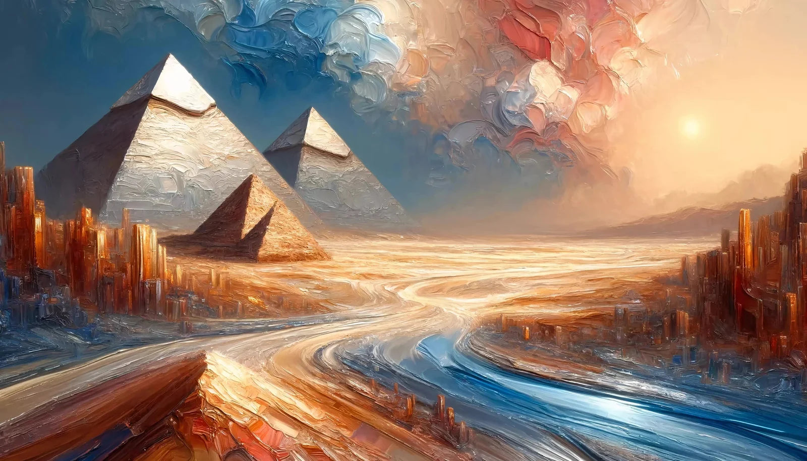 Collection de tableaux Paysage abstrait avec pyramides stylisées et couleurs vibrantes pour une ambiance moderne