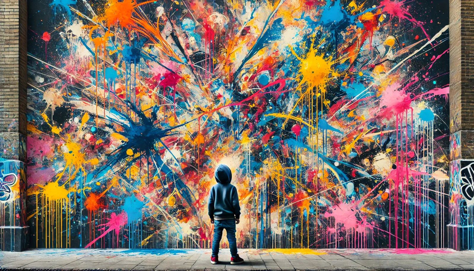 Enfant contemplant un mural Pop Art abstrait avec des éclaboussures de couleurs vives et des formes dynamiques