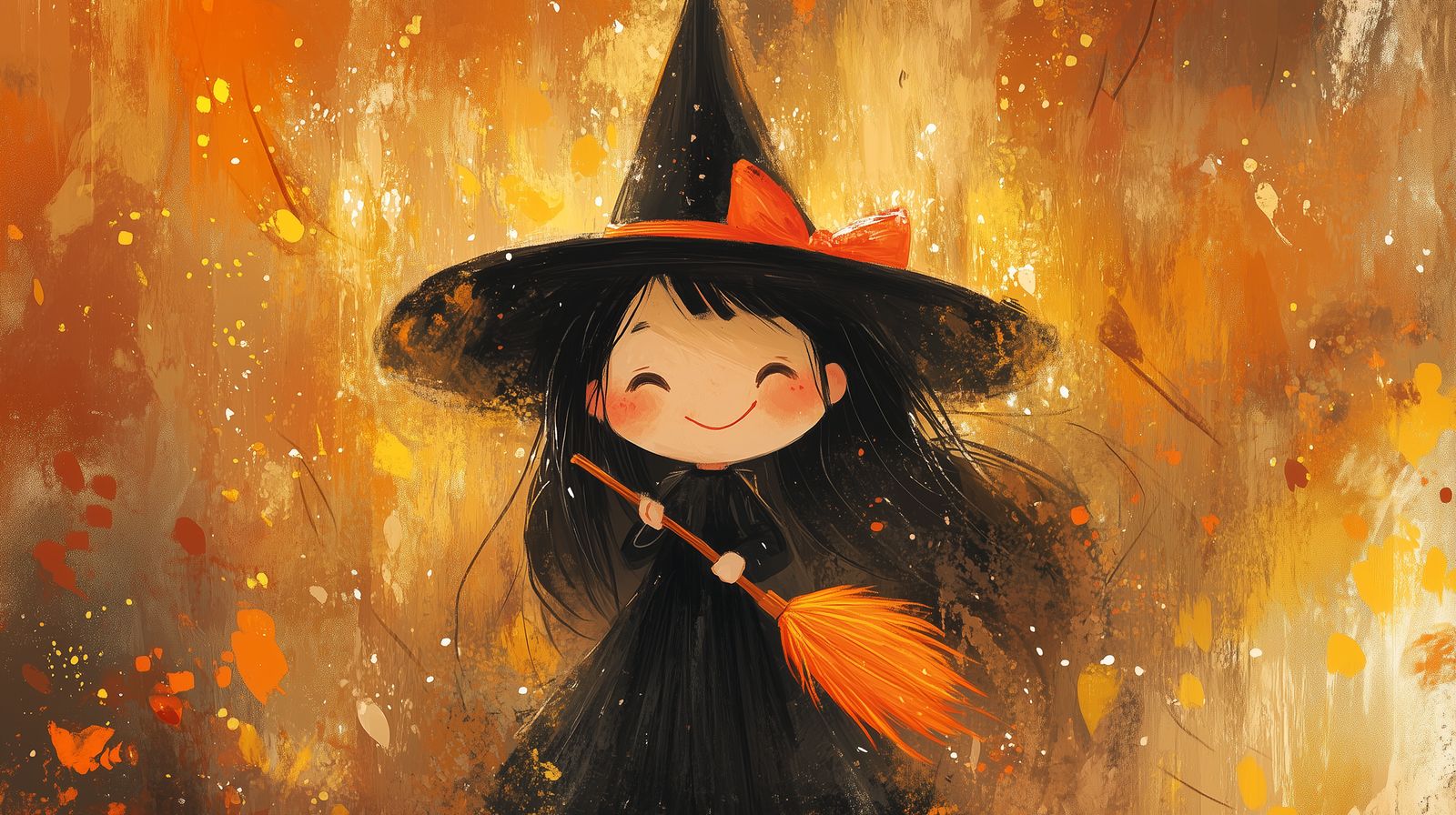 Tableau sorcière pour enfant illustrant un monde magique avec chaudron et potions mystérieuses.