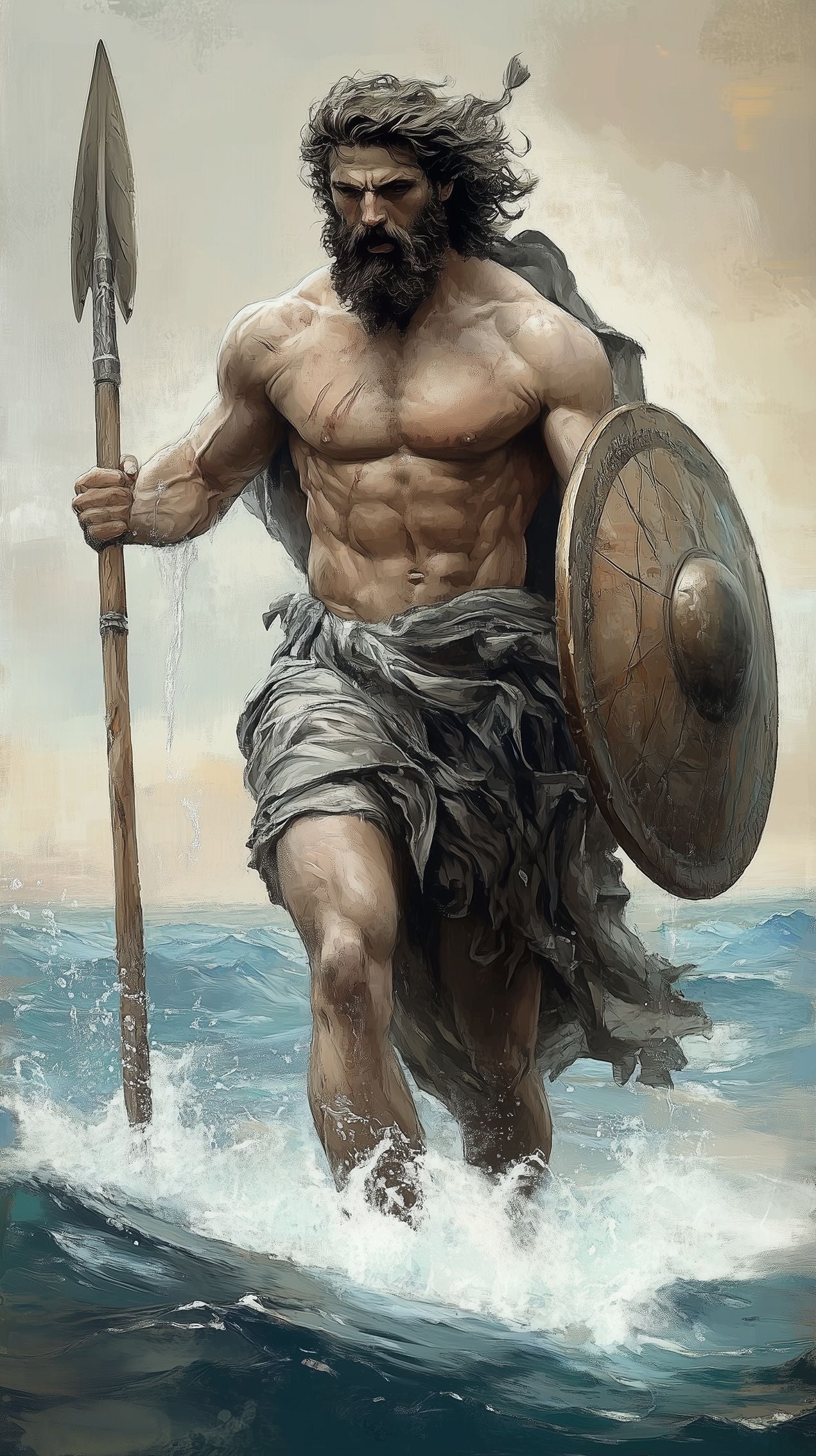 Tableau Ulysse représentant le héros grec lors de son odyssée épique, naviguant entre monstres mythologiques et épreuves divines dans une composition artistique captivante.