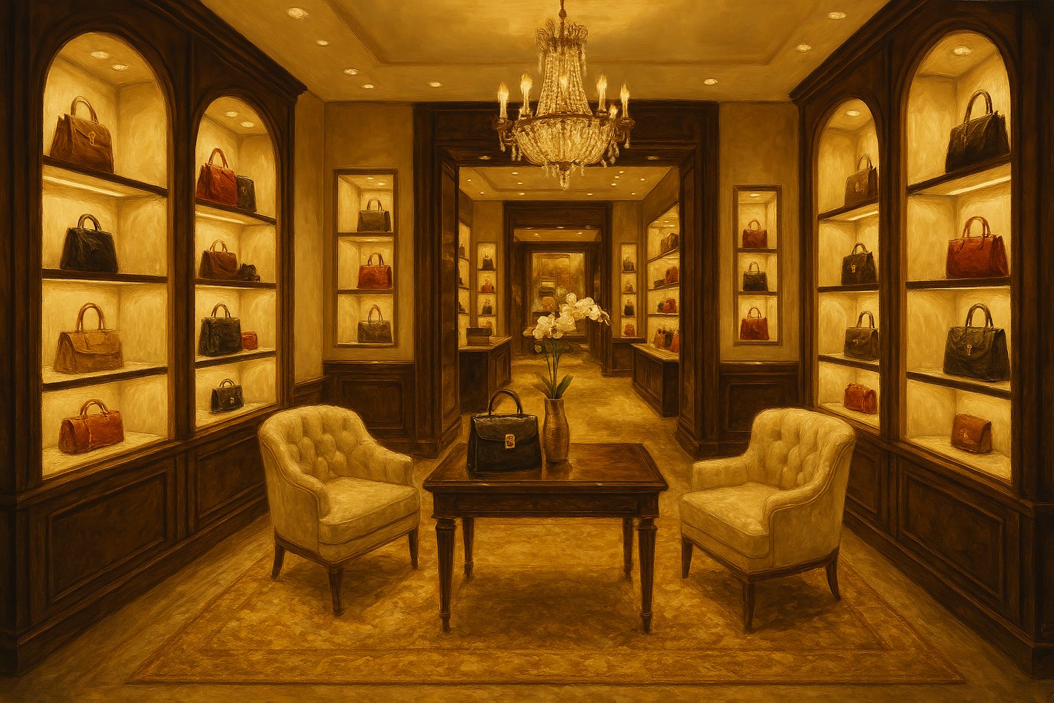 Tableau pour boutique de luxe aux tons dorés et argentés, création artistique contemporaine apportant raffinement et élégance à un espace commercial haut de gamme.