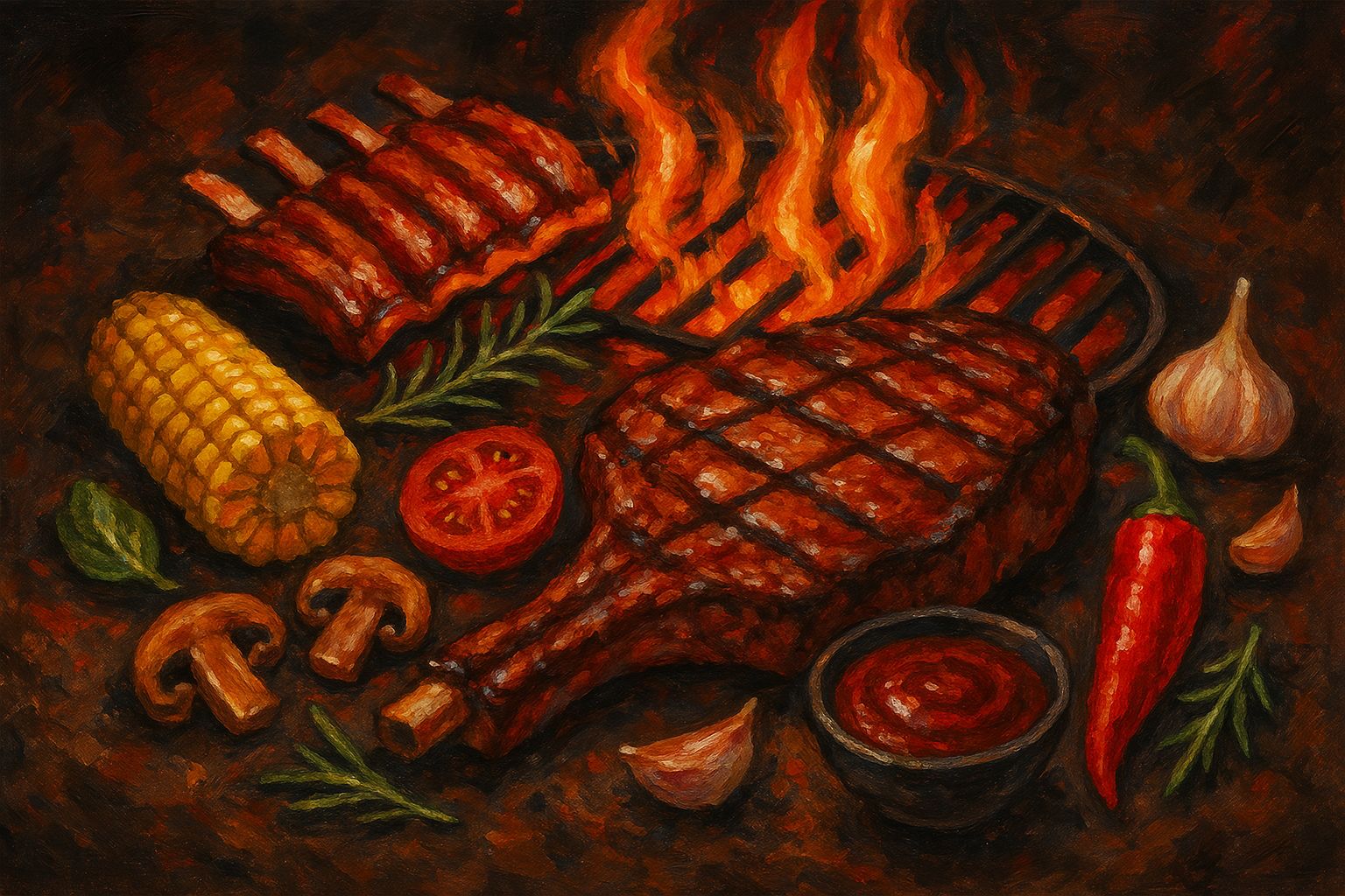 Collection chaleureuse de tableaux pour restaurant de grillade aux couleurs ambrées et compositions évocatrices, créant une atmosphère conviviale qui sublime l'expérience culinaire authentique.