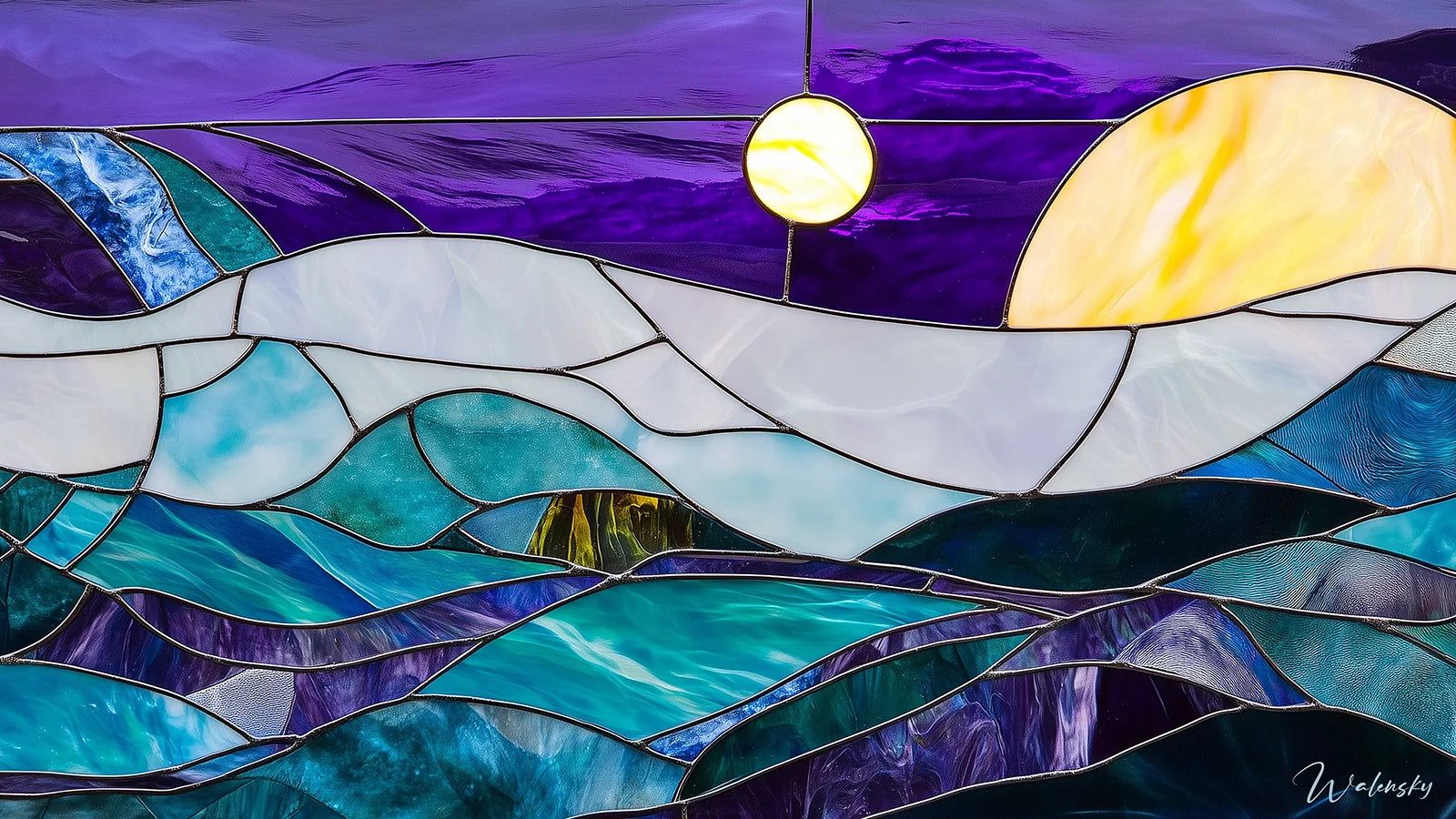 Tableau style vitraux aux couleurs éclatantes représentant des motifs géométriques complexes qui captent et diffusent la lumière, créant une atmosphère unique et chaleureuse dans tout espace de vie.