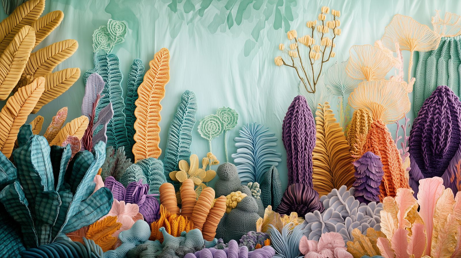 Tableau style crochet aux motifs géométriques entrelacés dans des tons pastel, illustrant la finesse du travail textile artistique. Une composition murale contemporaine qui allie tradition artisanale et design moderne.