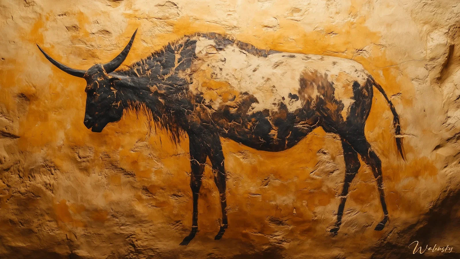 Œuvre d'art représentant un troupeau de gnous en mouvement, tableau animalier capturant l'énergie de la migration africaine avec un réalisme saisissant.