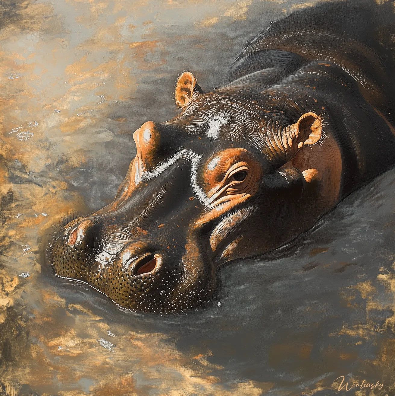 Œuvre d'art représentant un hippopotame dans son environnement aquatique naturel, tableau animalier soulignant la puissance et la majesté de ce géant africain.
