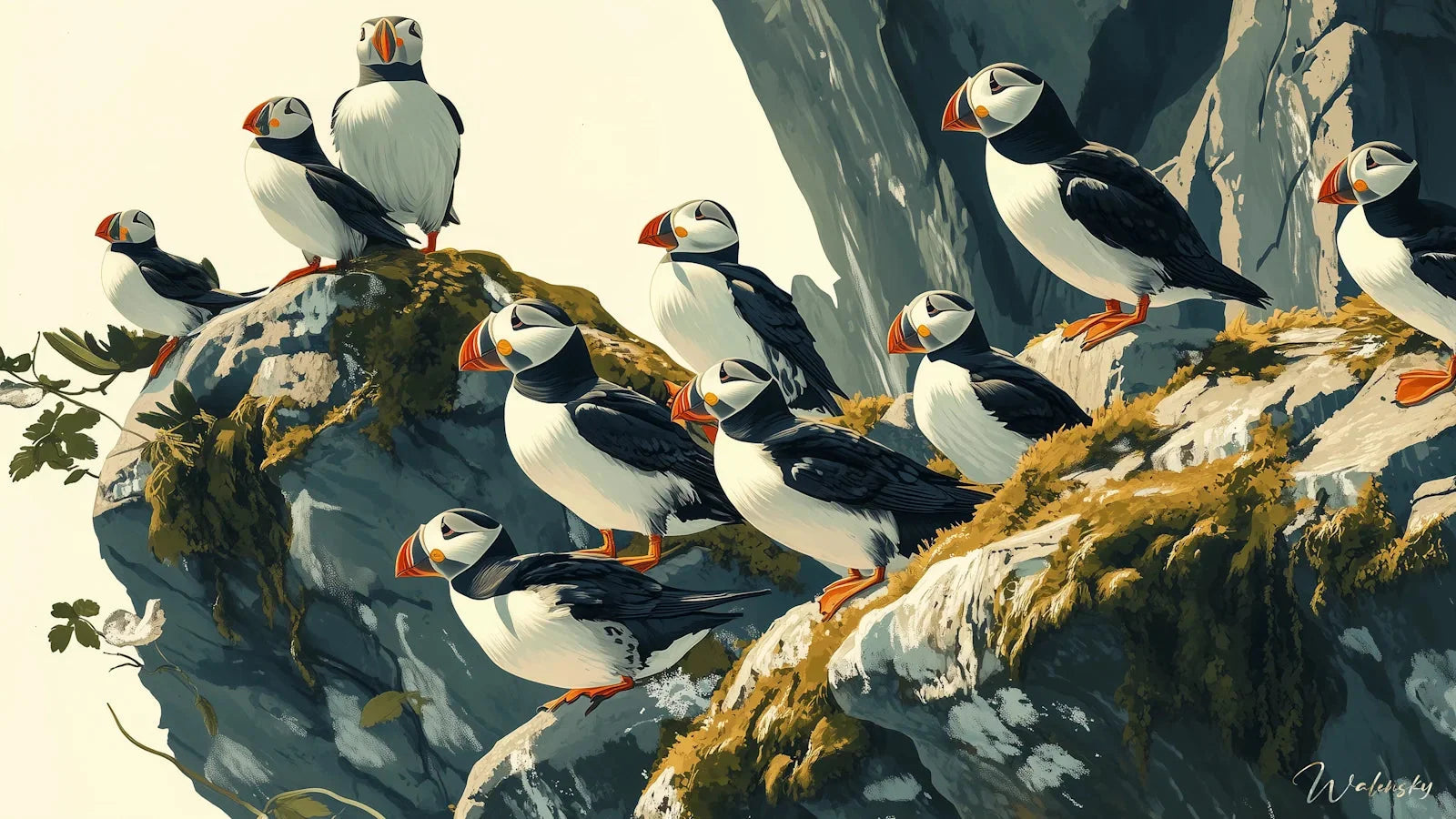 Œuvre d'art représentant un macareux coloré dans son habitat arctique naturel, tableau ornithologique mettant en valeur ce charmant oiseau polaire.