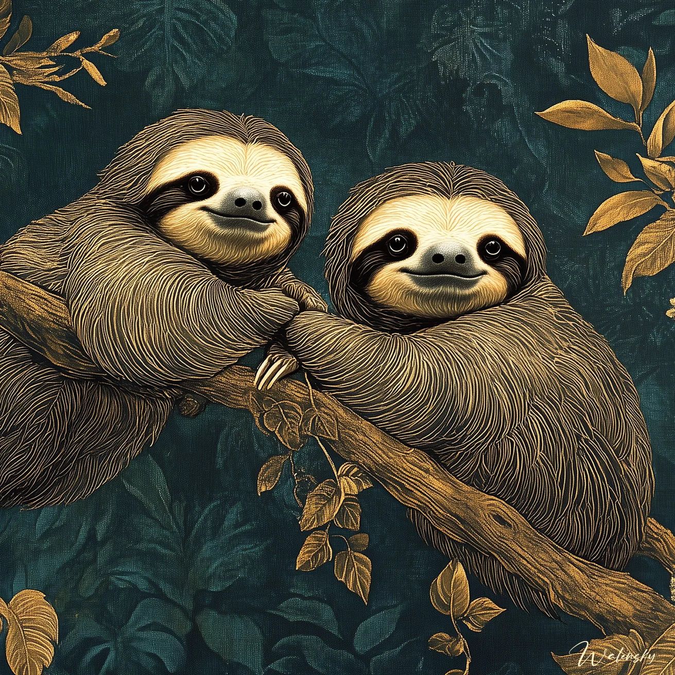 Œuvre d'art représentant un paresseux paisible dans son environnement tropical naturel, tableau animalier évoquant la sérénité et la détente.