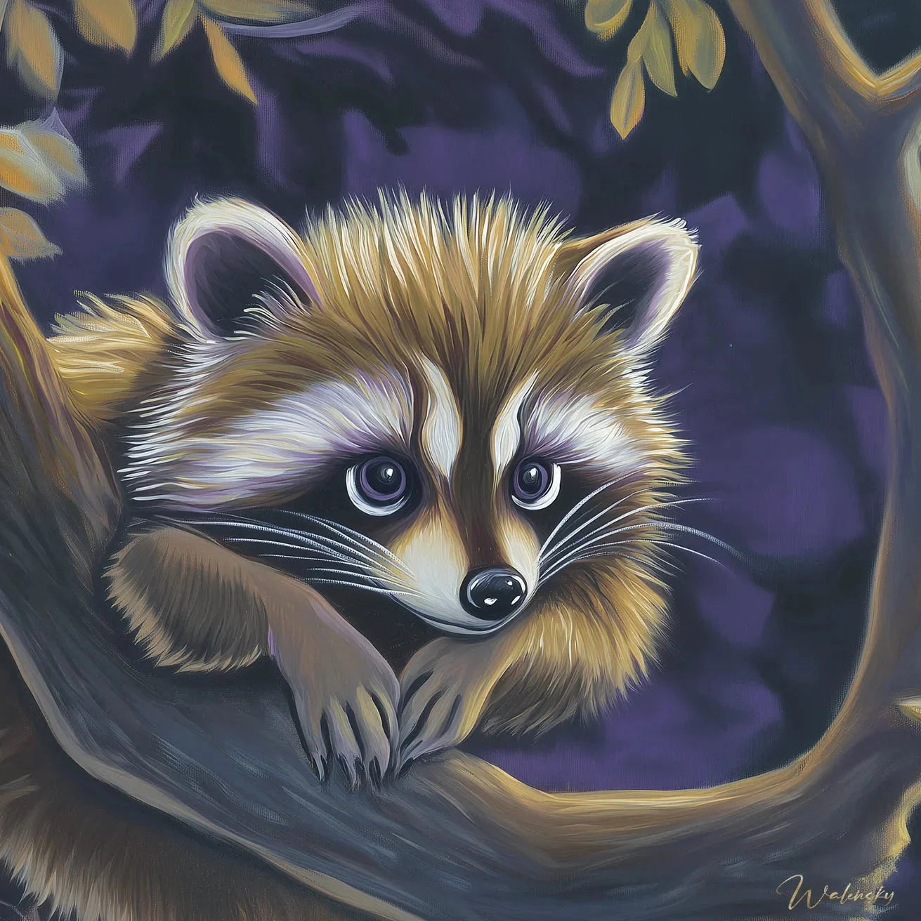 Œuvre d'art représentant un raton laveur curieux et espiègle, tableau animalier mettant en valeur l'intelligence et le charme de ce mammifère nocturne.