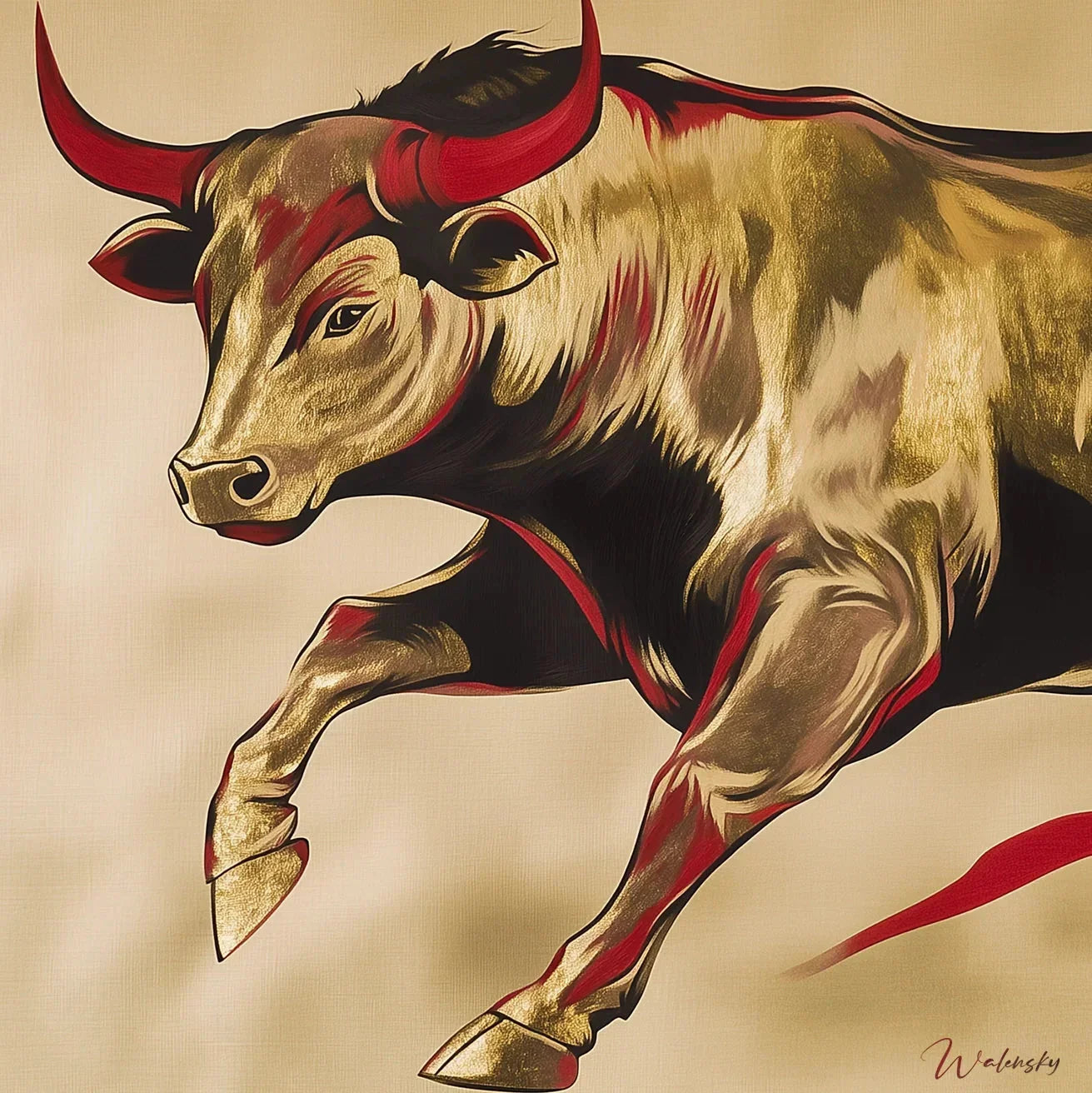 Œuvre d'art représentant un taureau puissant et majestueux, tableau animalier mettant en valeur la force et la noblesse de ce symbole de puissance.