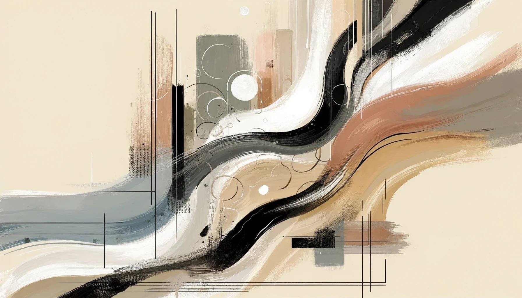 Tableau abstrait pour réception d'hôtel aux lignes élégantes et couleurs sophistiquées, créant une atmosphère accueillante et luxueuse pour les clients dès leur arrivée.