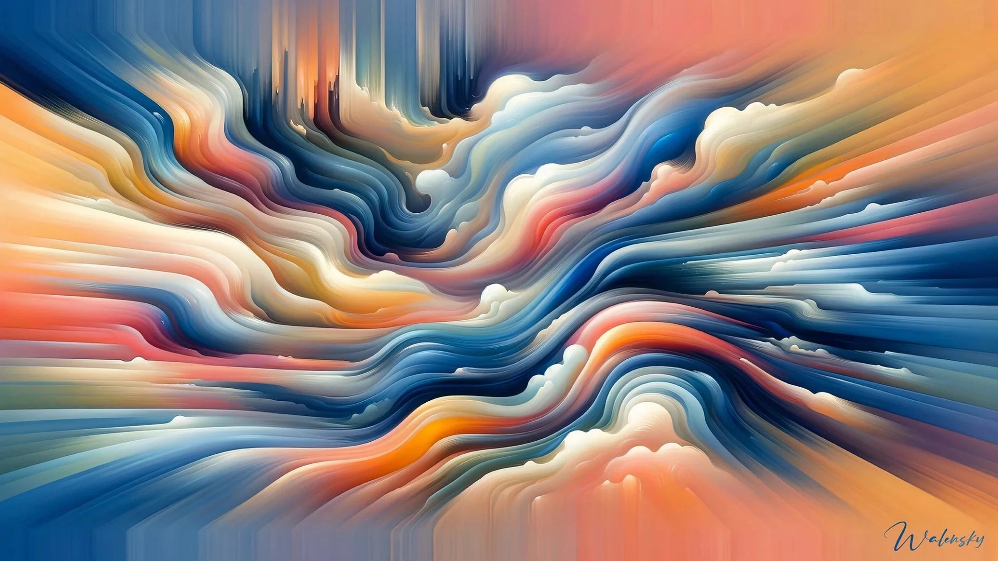 Tableau abstrait pour spa relaxant présentant des formes ondulantes et teintes douces évoquant l'eau et la nature, renforçant l'atmosphère apaisante du lieu.