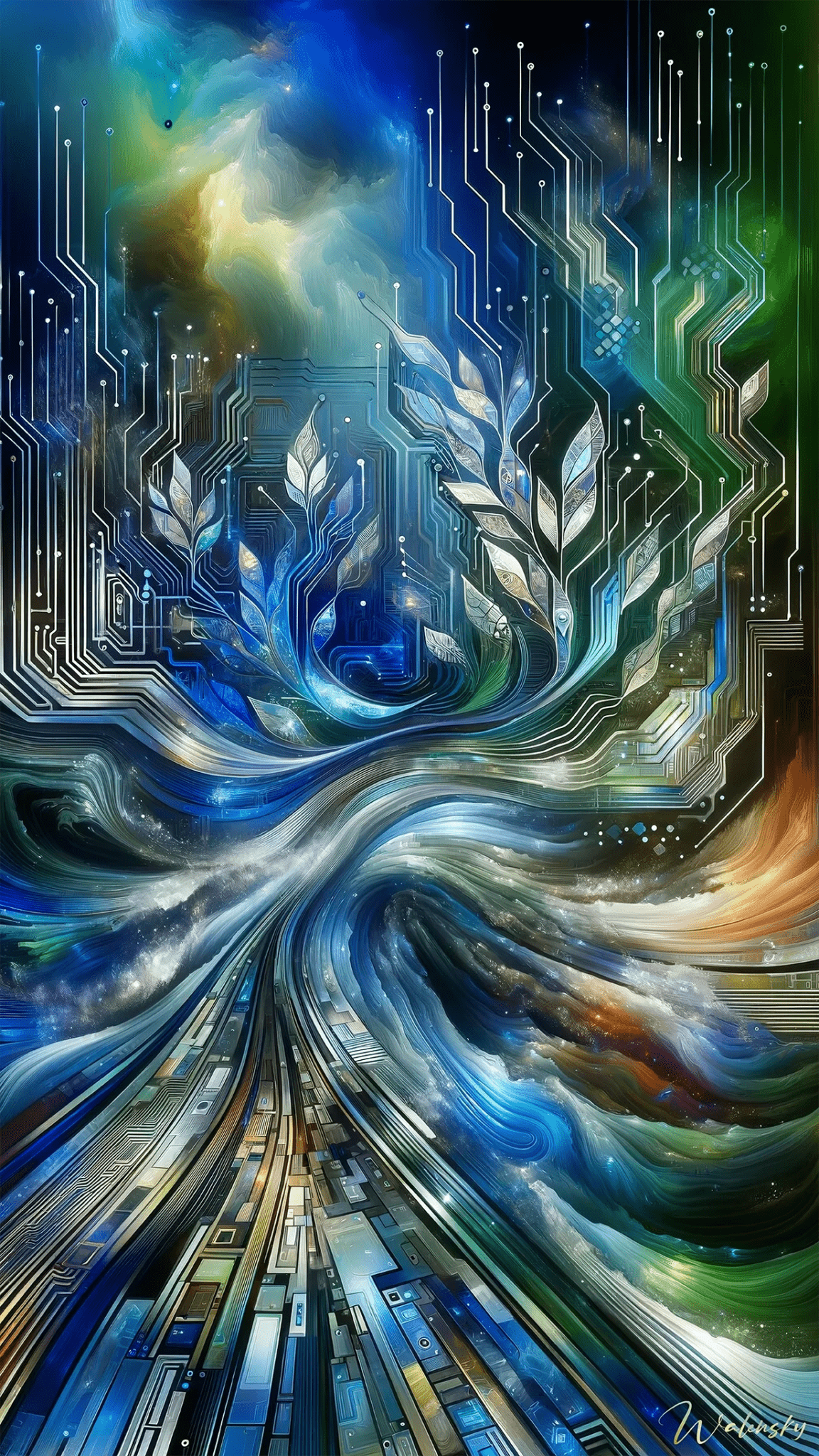 Tableau abstrait pour véranda lumineuse aux couleurs réactives à la lumière et formes évoquant la nature, créant un dialogue harmonieux entre espace intérieur et environnement extérieur.