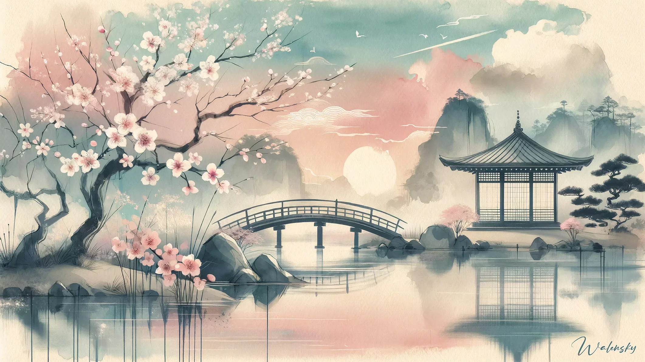 Tableau d'inspiration japonaise pour salle de bain, intégrant des éléments traditionnels orientaux créant une atmosphère zen et épurée propice à la méditation quotidienne.