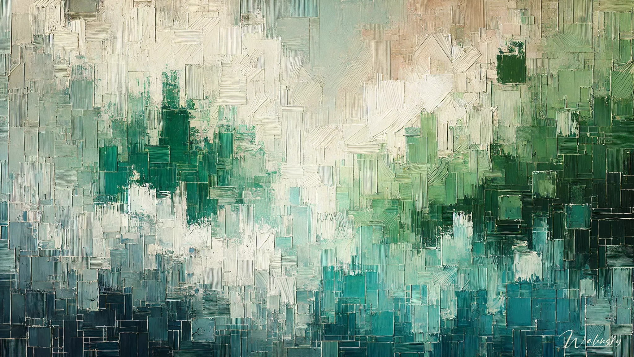 Tableau bureau aux couleurs vibrantes et effet de profondeur cristalline créant un point focal lumineux et contemporain dans un espace professionnel moderne.