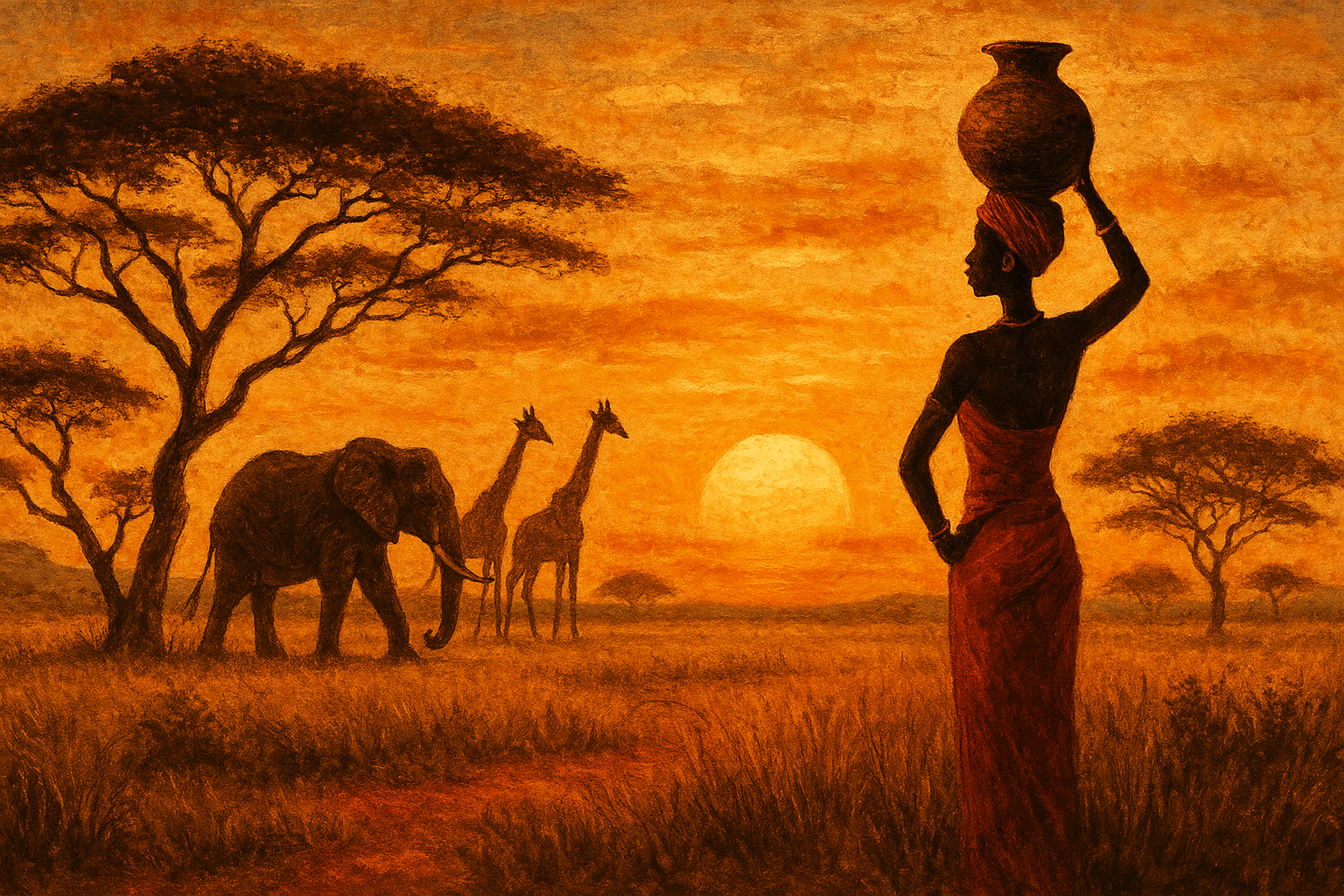 Tableau Africain pour véranda lumineuse aux couleurs éclatantes représentant un paysage naturel inspiré de la savane africaine, parfaitement adapté aux espaces baignés de lumière naturelle.