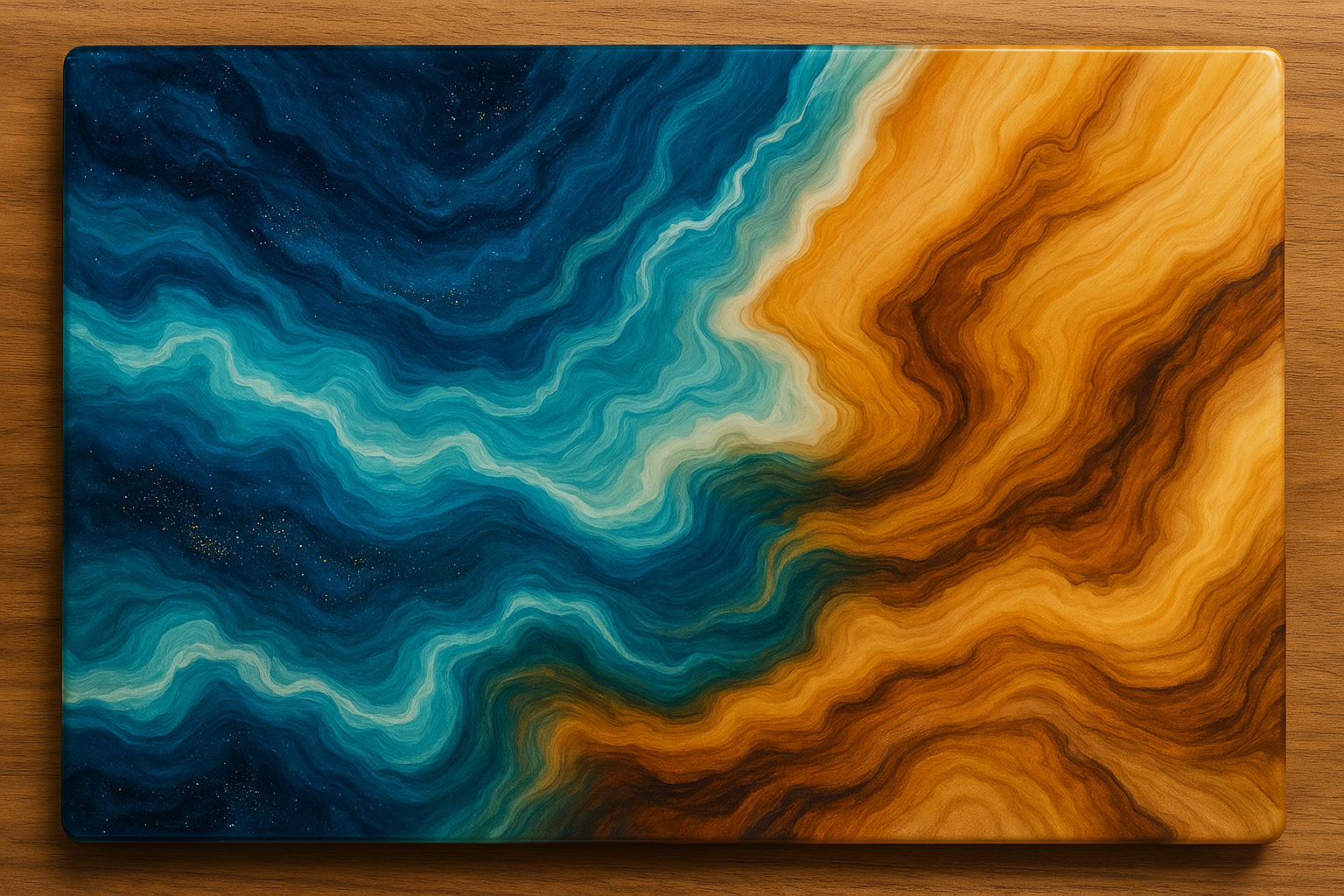 Tableau epoxy pour showroom de mobilier aux teintes coordonnées et style contemporain, créant un dialogue artistique harmonieux avec des pièces de design exclusives.