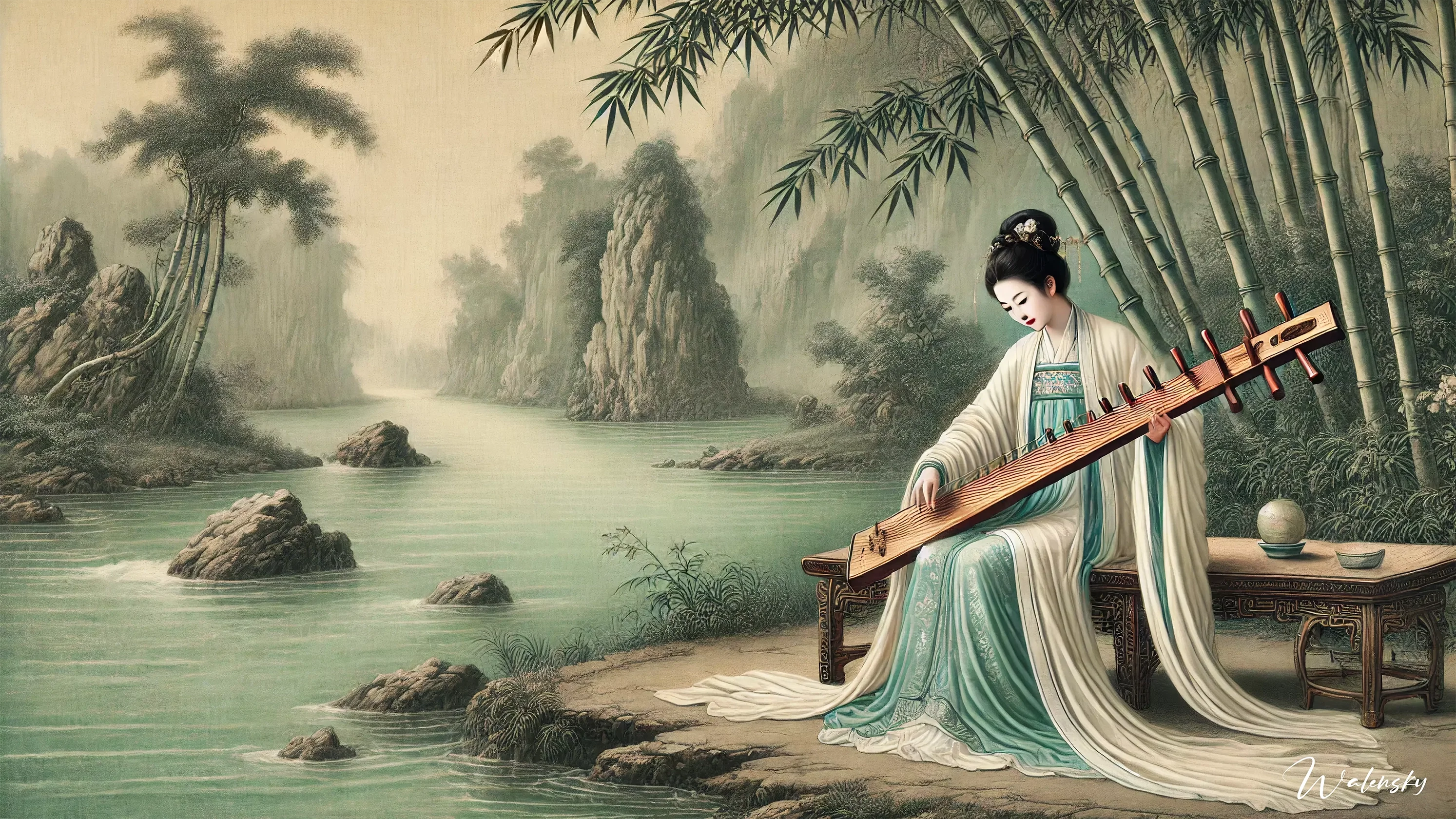 Tableau oriental pour salon aux motifs traditionnels finement détaillés, apportant une dimension culturelle riche et une élégance exotique sophistiquée à l'espace de vie.