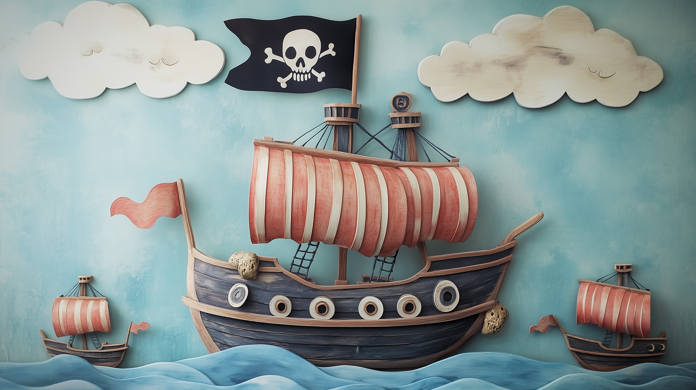 Tableau pirate pour enfant illustrant un navire en pleine aventure avec trésors et îles mystérieuses.