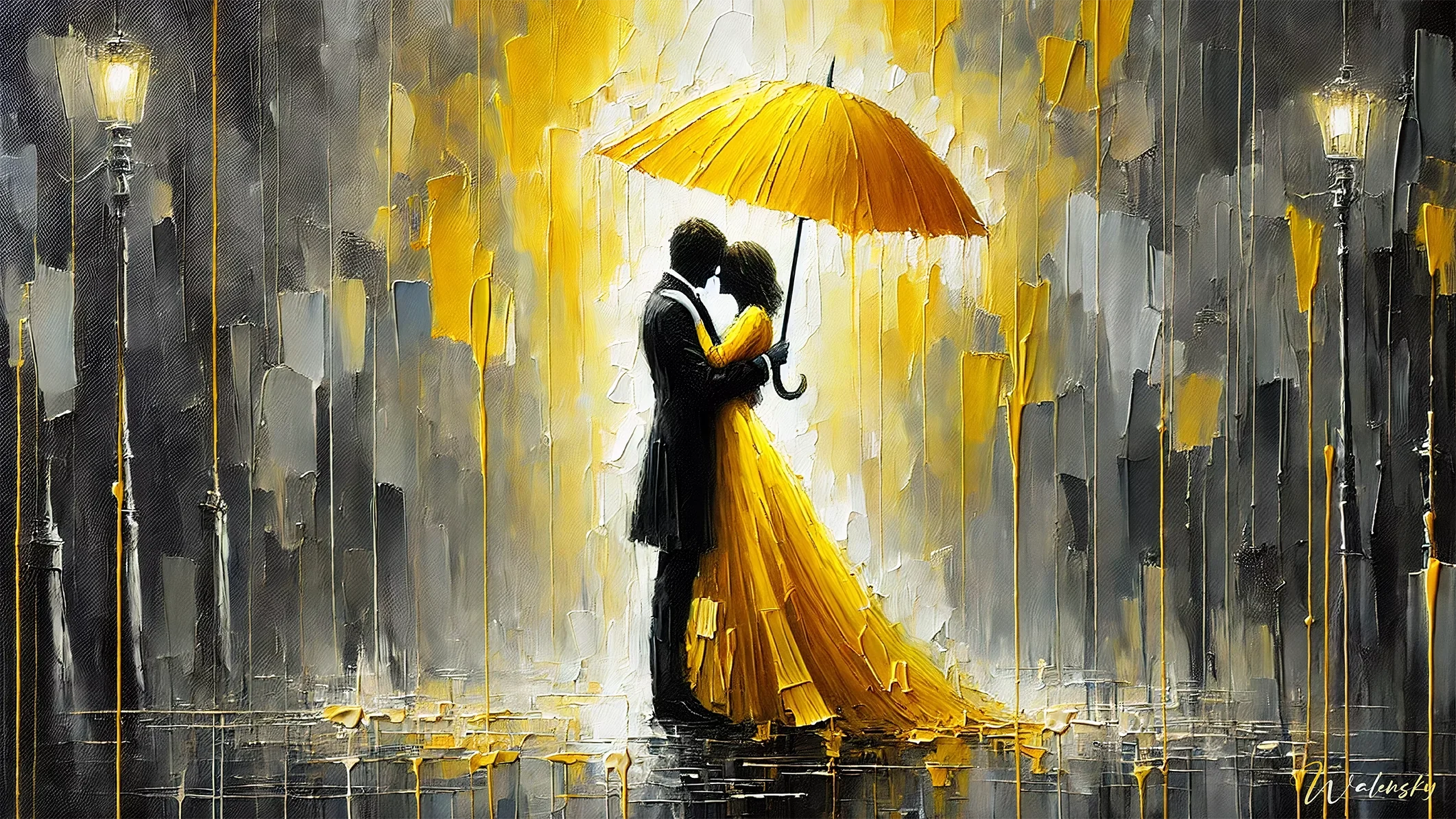 Tableau romantique pour chambre illustrant une scène poétique aux couleurs douces et harmonieuses, créant une atmosphère intime propice aux moments de tendresse et de complicité.