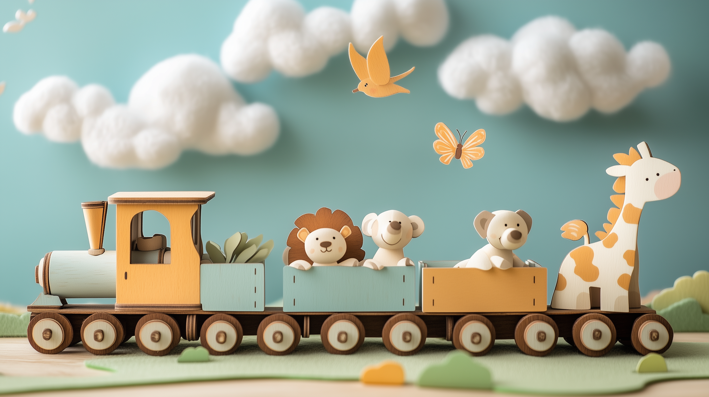 Tableau train pour enfant illustrant une locomotive traversant un paysage enchanteur.