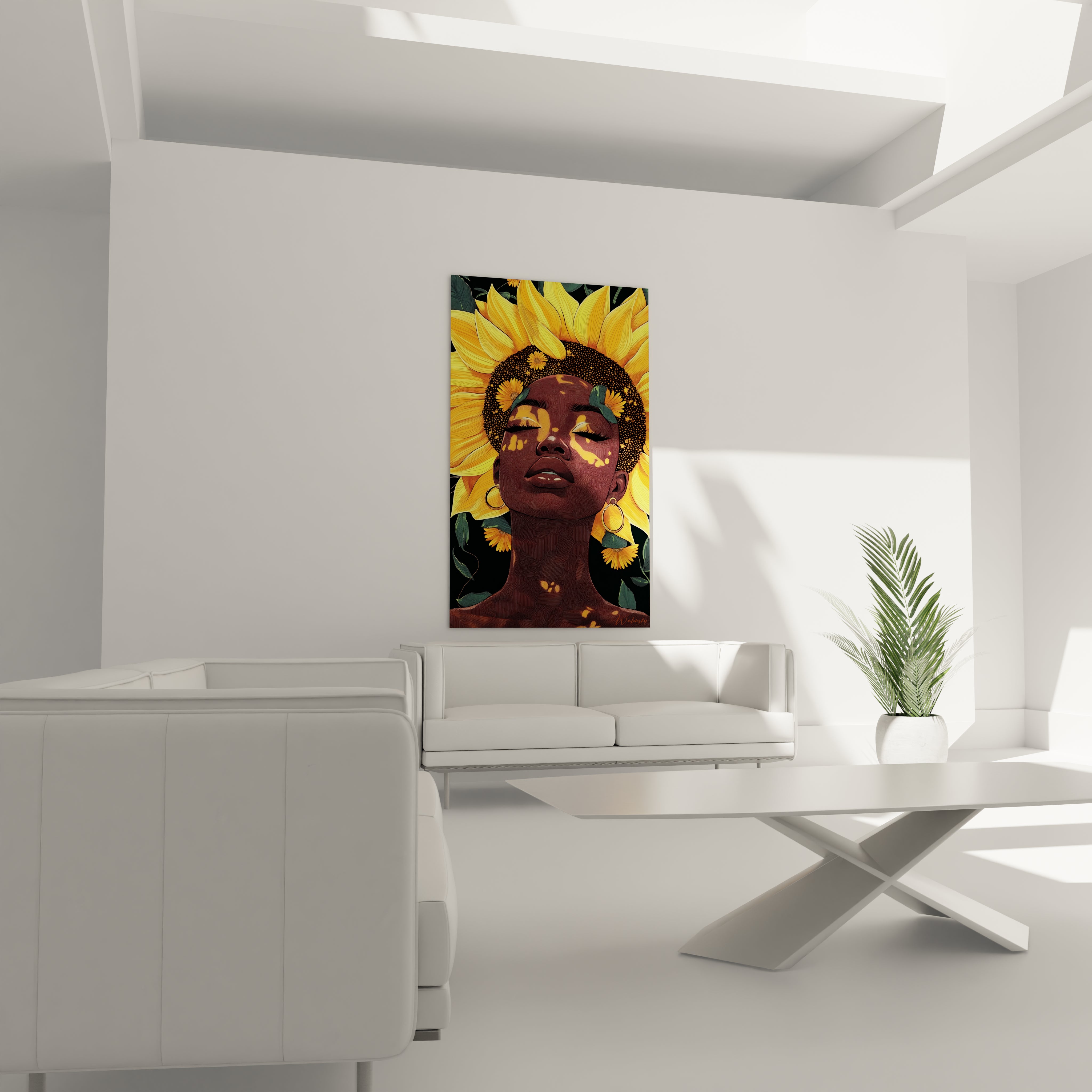 Tableau africain mural Walensky représentant un portrait artistique féminin avec tournesols lumineux